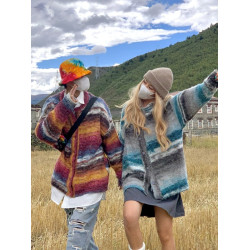 2023秋冬季彩條撞色紋針織衫男寬松休閒慵懶風開衫小香風情侶毛衣