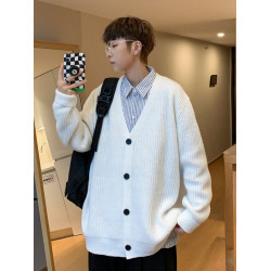 秋冬純色開衫毛衣外套男V領潮牌ins百搭學院風港風日系寬松針織衫