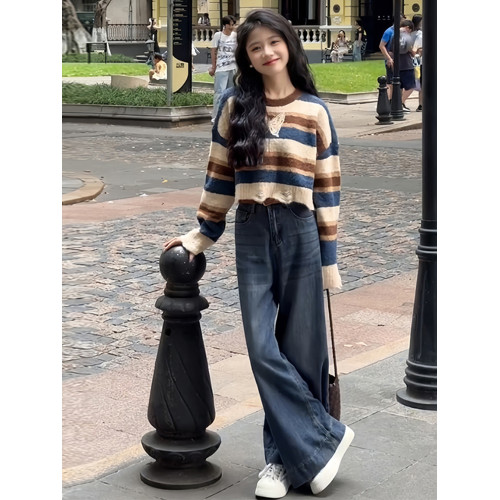 深秋初冬秋冬韓系高級感穿搭短款條紋毛衣女2025新款chic長袖上衣