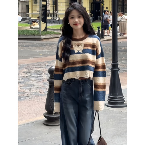 深秋初冬秋冬韓系高級感穿搭短款條紋毛衣女2025新款chic長袖上衣