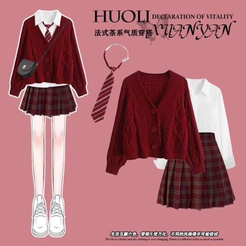 冬季新年聖誕穿搭學院風小個子套裝女JK製服甜美紅毛衣開衫三件套