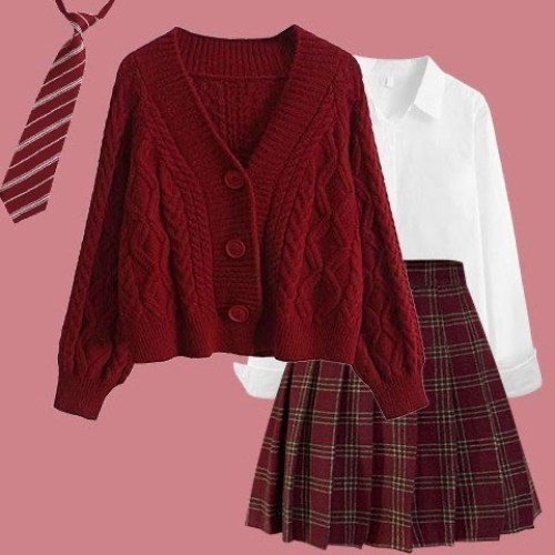 冬季新年聖誕穿搭學院風小個子套裝女JK製服甜美紅毛衣開衫三件套