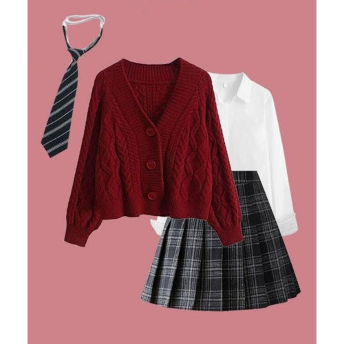 冬季新年聖誕穿搭學院風小個子套裝女JK製服甜美紅毛衣開衫三件套