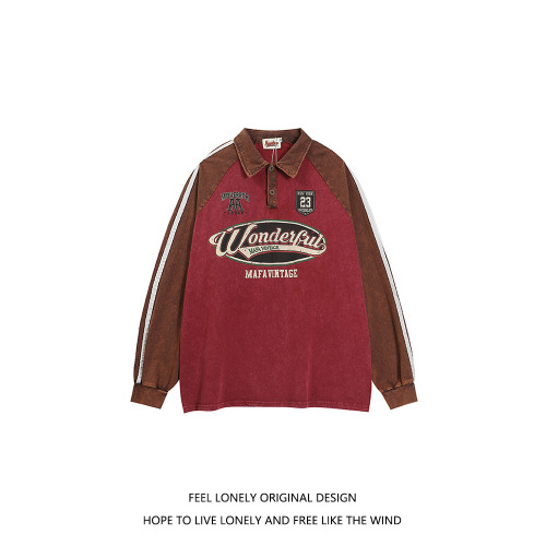 Feel lonely潮牌復古運動風翻領衛衣春季新款情侶寬松長袖POLO衫 Feel lonely潮牌復古運動風翻領衛衣春季新款情侶寬松長袖POLO衫