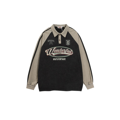 Feel lonely潮牌復古運動風翻領衛衣春季新款情侶寬松長袖POLO衫 Feel lonely潮牌復古運動風翻領衛衣春季新款情侶寬松長袖POLO衫