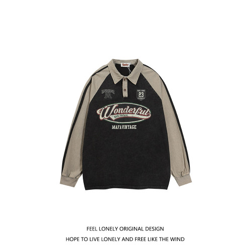 Feel lonely潮牌復古運動風翻領衛衣春季新款情侶寬松長袖POLO衫 Feel lonely潮牌復古運動風翻領衛衣春季新款情侶寬松長袖POLO衫