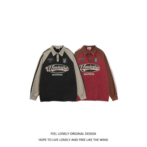 Feel lonely潮牌復古運動風翻領衛衣春季新款情侶寬松長袖POLO衫 Feel lonely潮牌復古運動風翻領衛衣春季新款情侶寬松長袖POLO衫