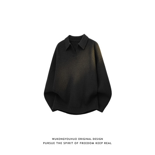 悟空有貨復古高級感老錢風翻領毛衣男秋季潮牌情侶寬松休閒針織衫