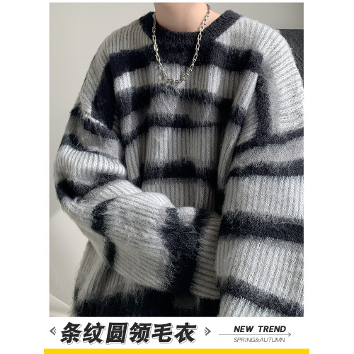 條紋長袖毛衣男士秋冬季2025新款套頭針織衫潮牌慵懶休閒男生外套 條紋長袖毛衣男士秋冬季2025新款套頭針織衫潮牌慵懶休閒男生外套