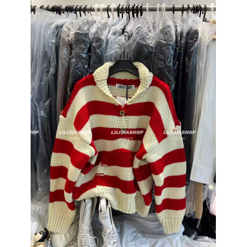 十三行2025秋冬新款韓版寬松百搭翻領復古條紋針織開衫女毛衣外套 十三行2025秋冬新款韓版寬松百搭翻領復古條紋針織開衫女毛衣外套