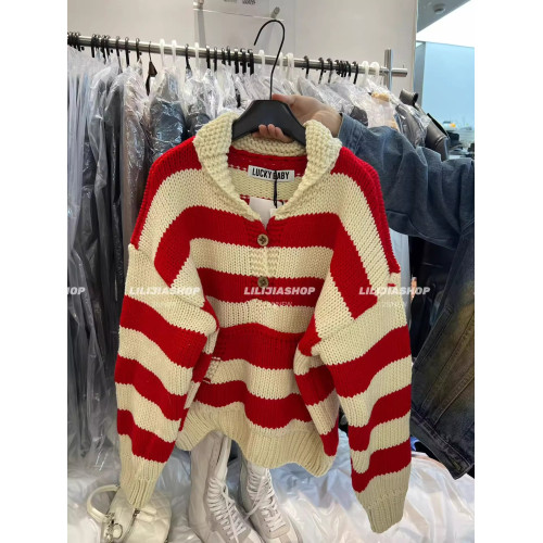 十三行2025秋冬新款韓版寬松百搭翻領復古條紋針織開衫女毛衣外套 十三行2025秋冬新款韓版寬松百搭翻領復古條紋針織開衫女毛衣外套