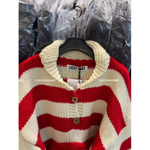 十三行2025秋冬新款韓版寬松百搭翻領復古條紋針織開衫女毛衣外套 十三行2025秋冬新款韓版寬松百搭翻領復古條紋針織開衫女毛衣外套