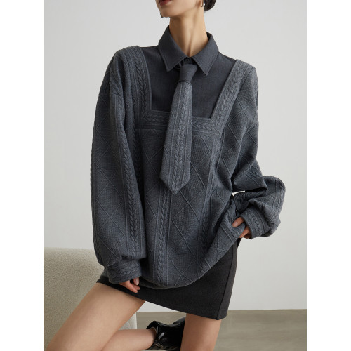 高級感灰色miu裡miu毛衣針織衫女假兩件polo領學院風2025秋季新款