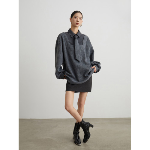 高級感灰色miu裡miu毛衣針織衫女假兩件polo領學院風2025秋季新款