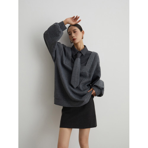 高級感灰色miu裡miu毛衣針織衫女假兩件polo領學院風2025秋季新款