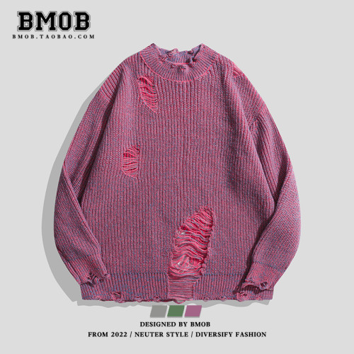 BMOB美式街頭潮牌設計感破洞毛衣嘻哈寬松bf風針織衫男女痞帥休閒 BMOB美式街頭潮牌設計感破洞毛衣嘻哈寬松bf風針織衫男女痞帥休閒