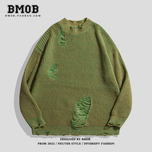 BMOB美式街頭潮牌設計感破洞毛衣嘻哈寬松bf風針織衫男女痞帥休閒 BMOB美式街頭潮牌設計感破洞毛衣嘻哈寬松bf風針織衫男女痞帥休閒