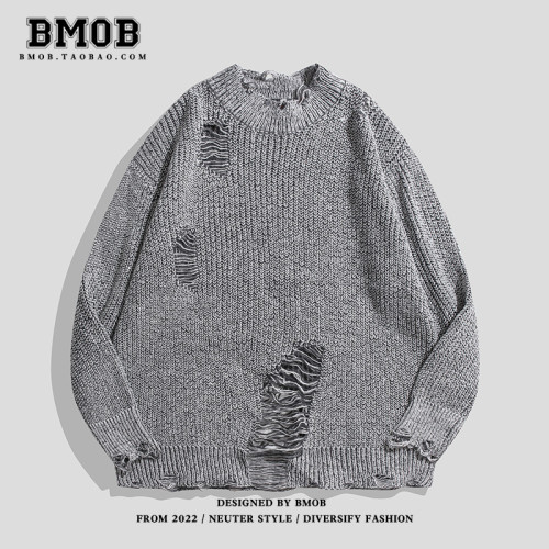 BMOB美式街頭潮牌設計感破洞毛衣嘻哈寬松bf風針織衫男女痞帥休閒 BMOB美式街頭潮牌設計感破洞毛衣嘻哈寬松bf風針織衫男女痞帥休閒