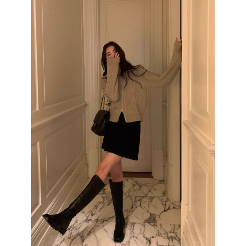 翻領麻花毛衣開衫外套女短款秋冬寬松休閒氣質拉鍊設計感針織上衣