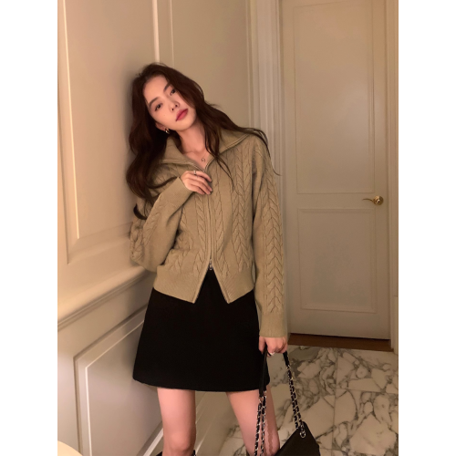 翻領麻花毛衣開衫外套女短款秋冬寬松休閒氣質拉鍊設計感針織上衣