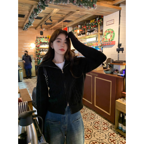 翻領麻花毛衣開衫外套女短款秋冬寬松休閒氣質拉鍊設計感針織上衣