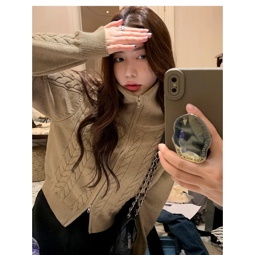 翻領麻花毛衣開衫外套女短款秋冬寬松休閒氣質拉鍊設計感針織上衣