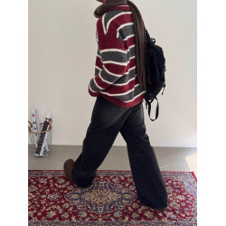 復古仿貂毛刺綉POLO領條紋撞色毛衣男款冬季保暖落肩情侶針織上衣