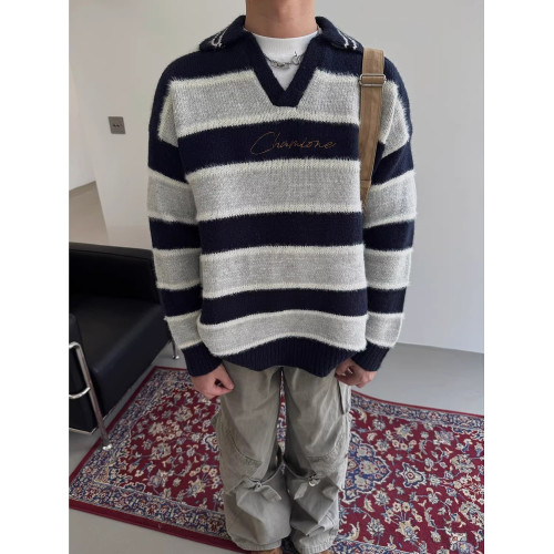 復古仿貂毛刺綉POLO領條紋撞色毛衣男款冬季保暖落肩情侶針織上衣 復古仿貂毛刺綉POLO領條紋撞色毛衣男款冬季保暖落肩情侶針織上衣