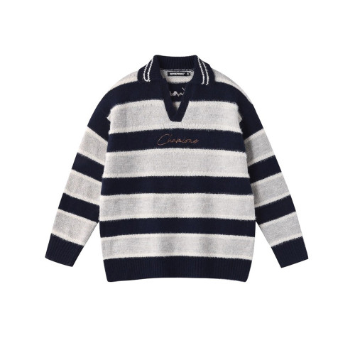 復古仿貂毛刺綉POLO領條紋撞色毛衣男款冬季保暖落肩情侶針織上衣 復古仿貂毛刺綉POLO領條紋撞色毛衣男款冬季保暖落肩情侶針織上衣