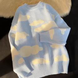 2025日系復古雲朵針織衫秋冬潮牌bf情侶毛衣港風寬松套頭長袖上衣