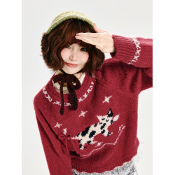 Girlyhalo美式復古費爾島圓領紅色毛衣女秋冬款套頭寬松針織上衣