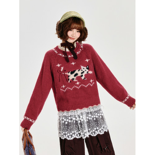 Girlyhalo美式復古費爾島圓領紅色毛衣女秋冬款套頭寬松針織上衣