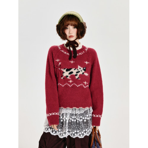Girlyhalo美式復古費爾島圓領紅色毛衣女秋冬款套頭寬松針織上衣