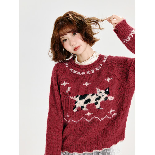 Girlyhalo美式復古費爾島圓領紅色毛衣女秋冬款套頭寬松針織上衣