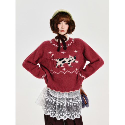 Girlyhalo美式復古費爾島圓領紅色毛衣女秋冬款套頭寬松針織上衣