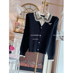 2025年秋冬重工鑲鑽娃娃領假兩件毛衣寬松套頭長袖針織衫開衫女裝