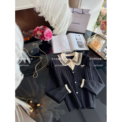 2025年秋冬重工鑲鑽娃娃領假兩件毛衣寬松套頭長袖針織衫開衫女裝