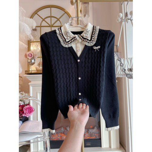 2025年秋冬重工鑲鑽娃娃領假兩件毛衣寬松套頭長袖針織衫開衫女裝