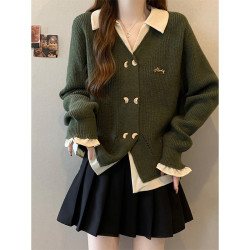 大碼女裝遮肚子POLO領韓系假兩件針織衫秋冬胖mm寬松顯瘦毛衣外套