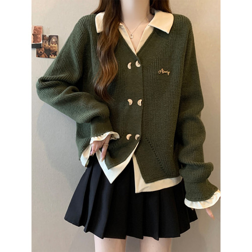 大碼女裝遮肚子POLO領韓系假兩件針織衫秋冬胖mm寬松顯瘦毛衣外套