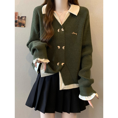 大碼女裝遮肚子POLO領韓系假兩件針織衫秋冬胖mm寬松顯瘦毛衣外套