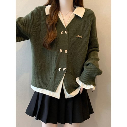 大碼女裝遮肚子POLO領韓系假兩件針織衫秋冬胖mm寬松顯瘦毛衣外套