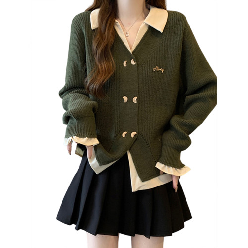 大碼女裝遮肚子POLO領韓系假兩件針織衫秋冬胖mm寬松顯瘦毛衣外套