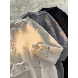 秋冬破洞毛衣男圓領套頭潮牌高街美式復古日系青少年bf加厚針織衫