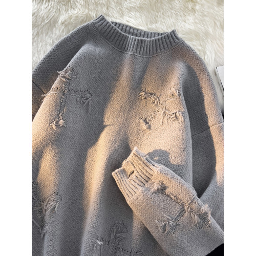 秋冬破洞毛衣男圓領套頭潮牌高街美式復古日系青少年bf加厚針織衫 秋冬破洞毛衣男圓領套頭潮牌高街美式復古日系青少年bf加厚針織衫