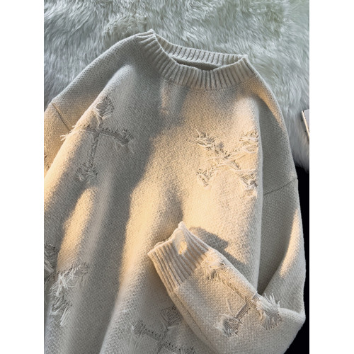 秋冬破洞毛衣男圓領套頭潮牌高街美式復古日系青少年bf加厚針織衫 秋冬破洞毛衣男圓領套頭潮牌高街美式復古日系青少年bf加厚針織衫