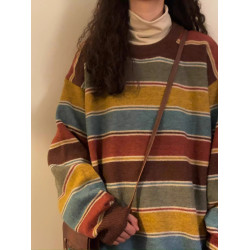 秋冬新款美式復古條紋寬松針織上衣慵懶學院風圓領百搭毛衣外穿女
