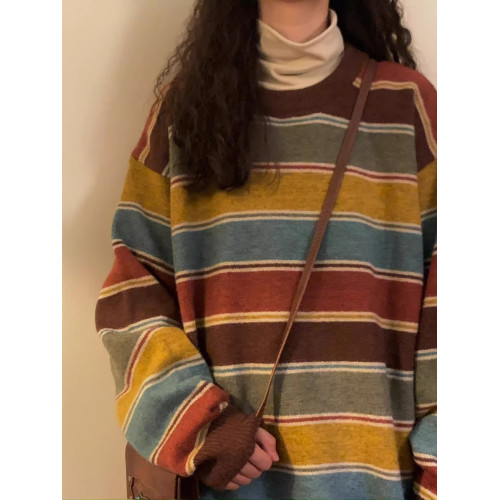 秋冬新款美式復古條紋寬松針織上衣慵懶學院風圓領百搭毛衣外穿女