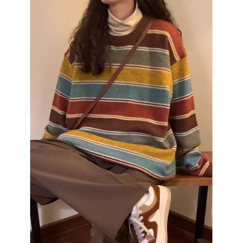 秋冬新款美式復古條紋寬松針織上衣慵懶學院風圓領百搭毛衣外穿女