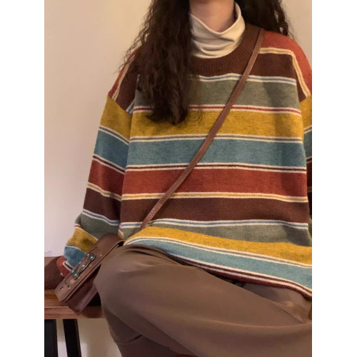 秋冬新款美式復古條紋寬松針織上衣慵懶學院風圓領百搭毛衣外穿女